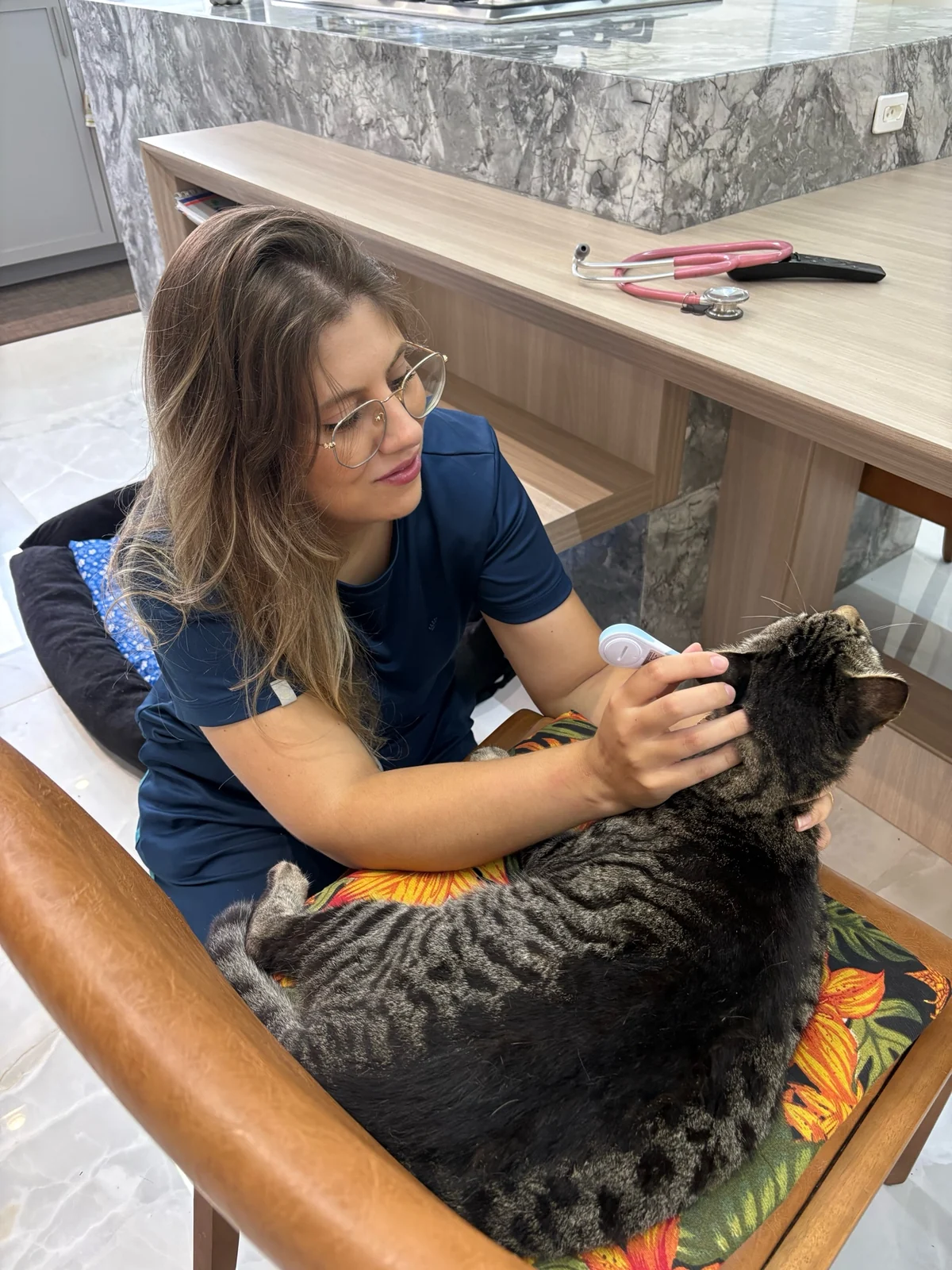 Ratiba Baja durante o cuidado com um gato em ambiente domiciliar